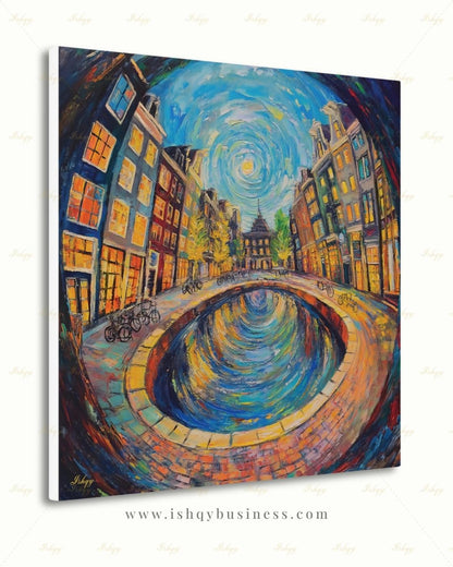 Amsterdam Wall Art, Canal House Canvas Print, Van Gogh Style Netherlands Decor, Bike City Travel Art, Boho Framed Canvas Gift
