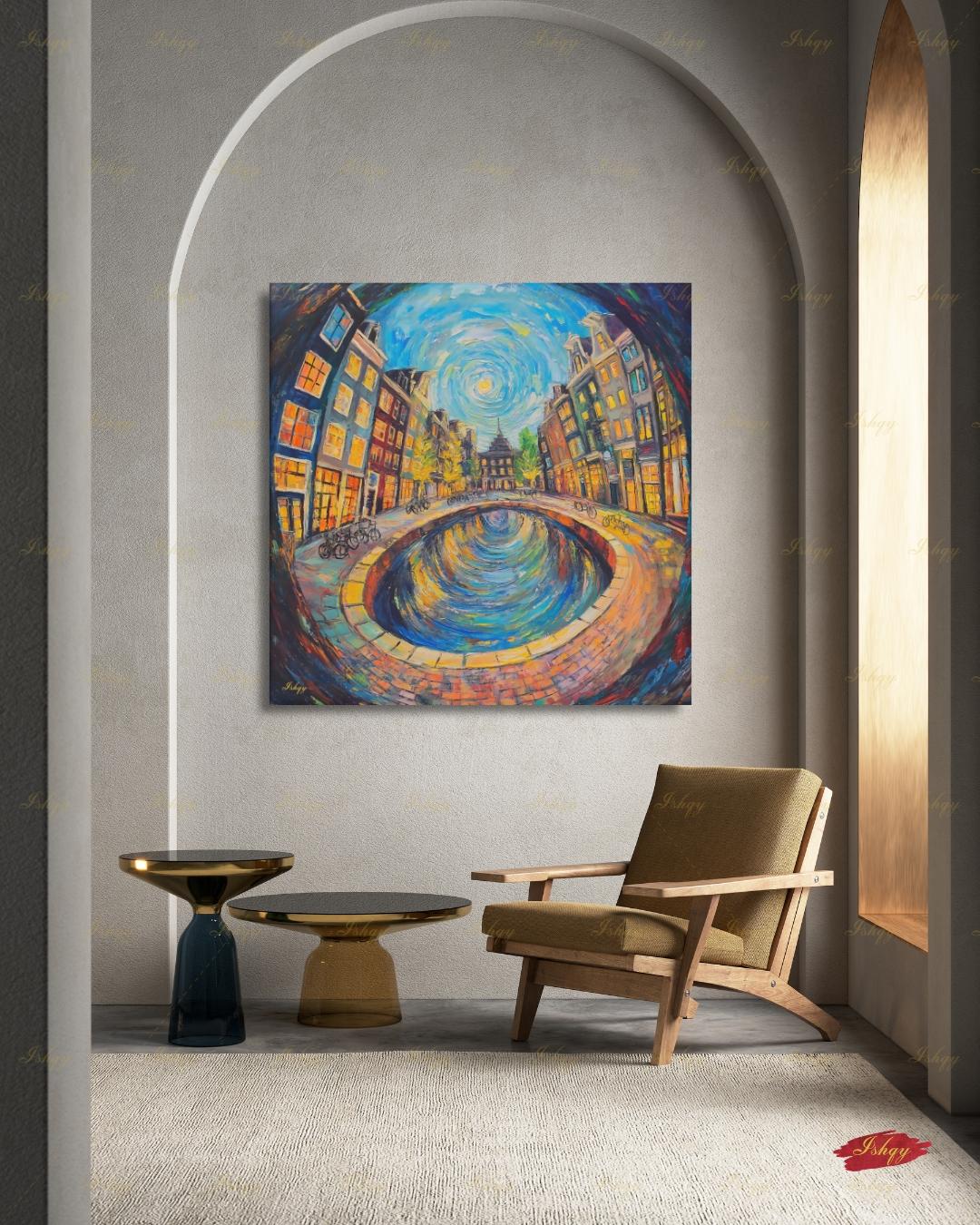 Amsterdam Wall Art, Canal House Canvas Print, Van Gogh Style Netherlands Decor, Bike City Travel Art, Boho Framed Canvas Gift
