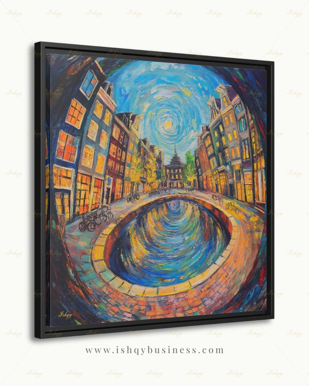 Amsterdam Wall Art, Canal House Canvas Print, Van Gogh Style Netherlands Decor, Bike City Travel Art, Boho Framed Canvas Gift
