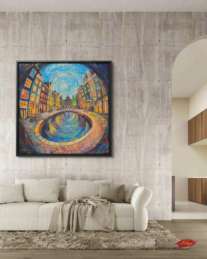 Amsterdam Wall Art, Canal House Canvas Print, Van Gogh Style Netherlands Decor, Bike City Travel Art, Boho Framed Canvas Gift