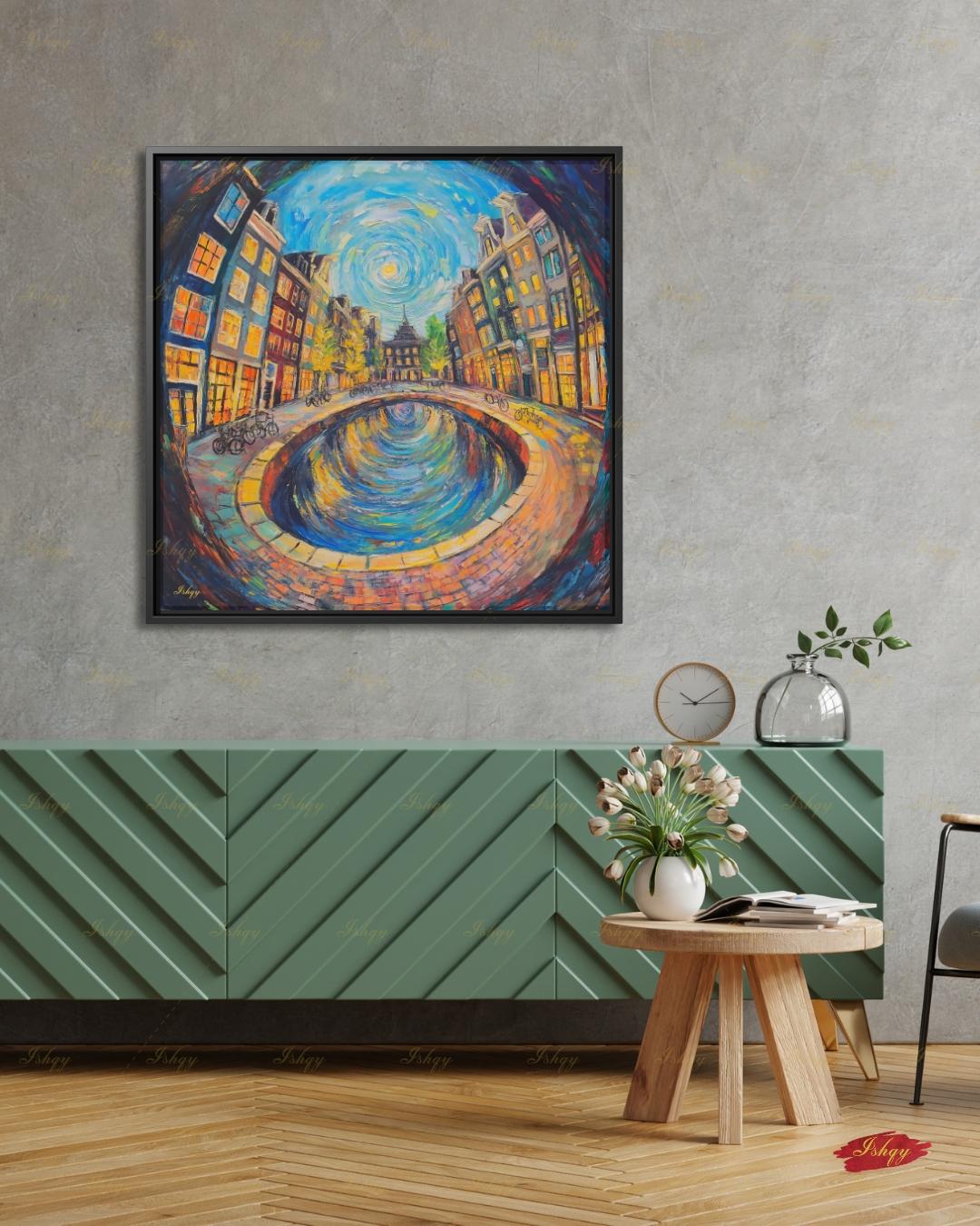 Amsterdam Wall Art, Canal House Canvas Print, Van Gogh Style Netherlands Decor, Bike City Travel Art, Boho Framed Canvas Gift