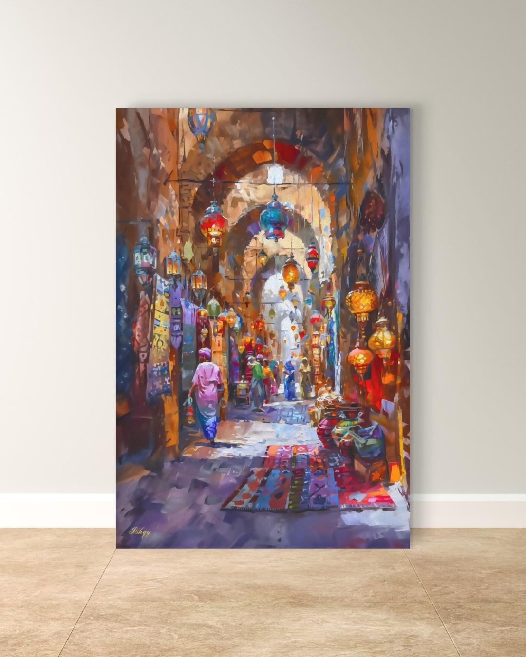Grand Bazaar Istanbul Wall Art, Turkish Market Painting, Middle Eastern Street Scene Canvas, Travel Decor, Home Decor, Cultural Bazaar Art