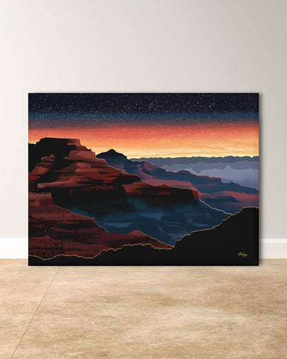 Grand Canyon Overlook Canvas Wall Art, Sunset Starry Sky Framed Canvas Print, Modern Arizona Southwest Canyon Landscape Painting, Living Room Decor