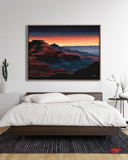 Grand Canyon Overlook Canvas Wall Art, Sunset Starry Sky Framed Canvas Print, Modern Arizona Southwest Canyon Landscape Painting, Living Room Decor