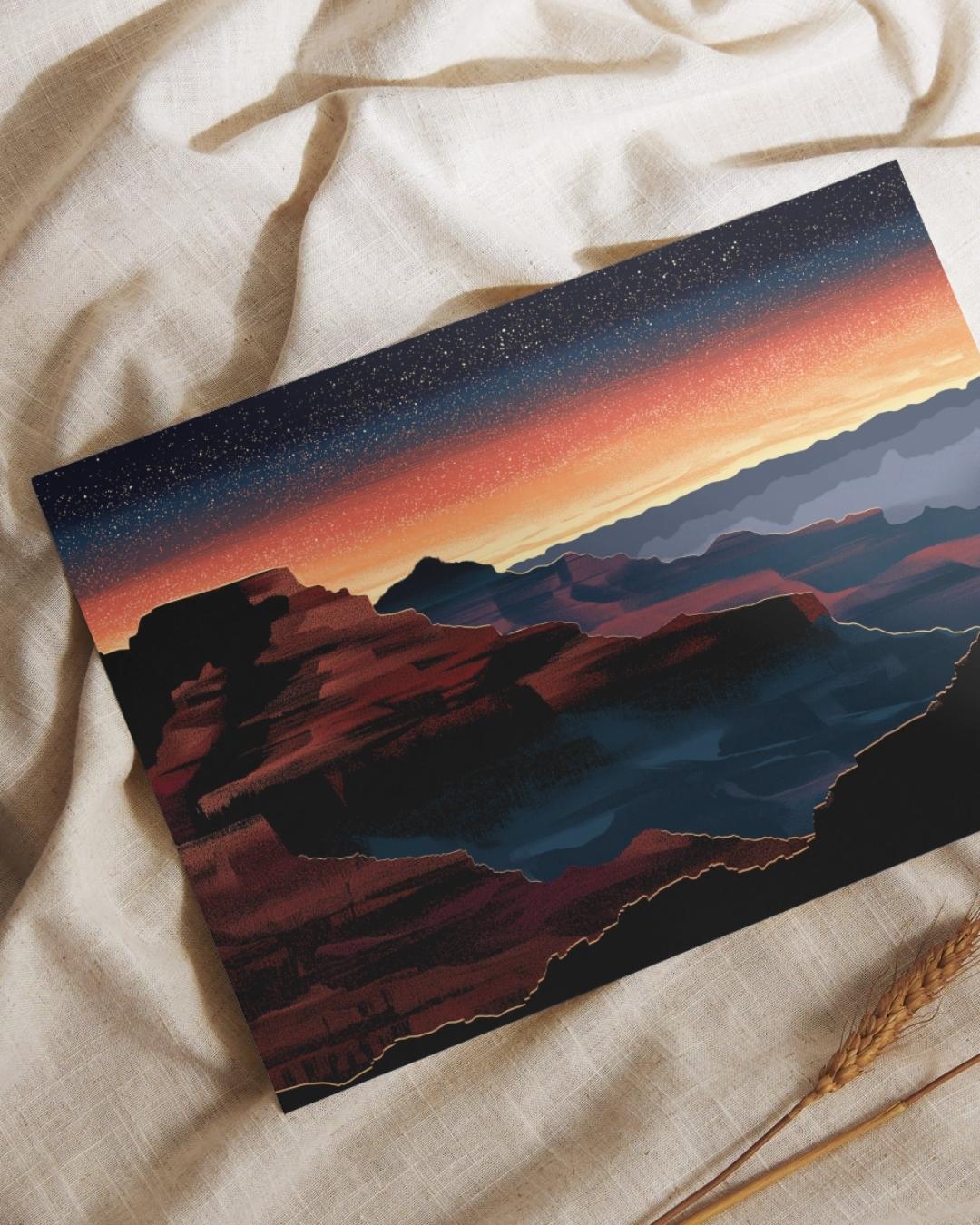 Grand Canyon Overlook Canvas Wall Art, Sunset Starry Sky Framed Canvas Print, Modern Arizona Southwest Canyon Landscape Painting, Living Room Decor