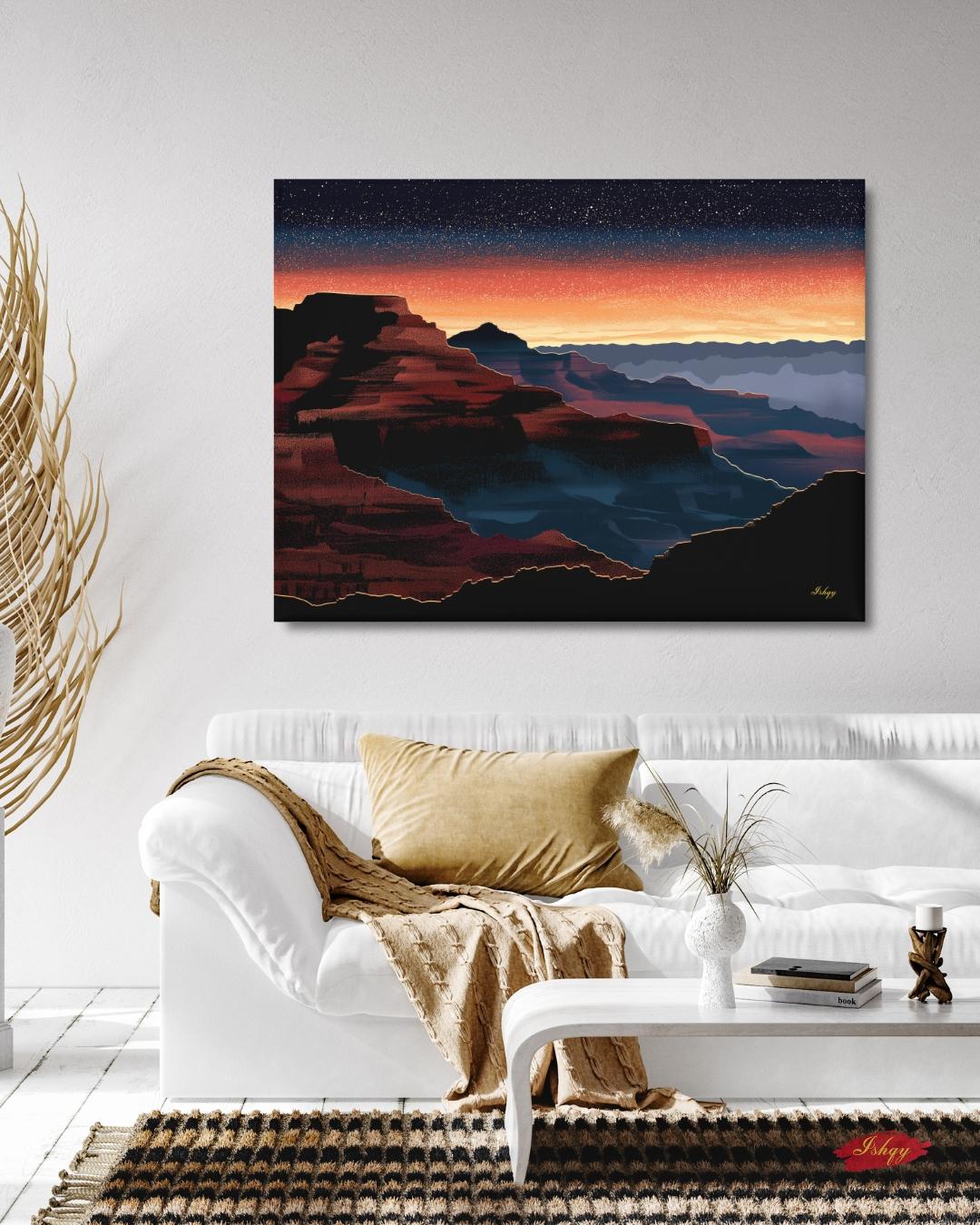 Grand Canyon Overlook Canvas Wall Art, Sunset Starry Sky Framed Canvas Print, Modern Arizona Southwest Canyon Landscape Painting, Living Room Decor