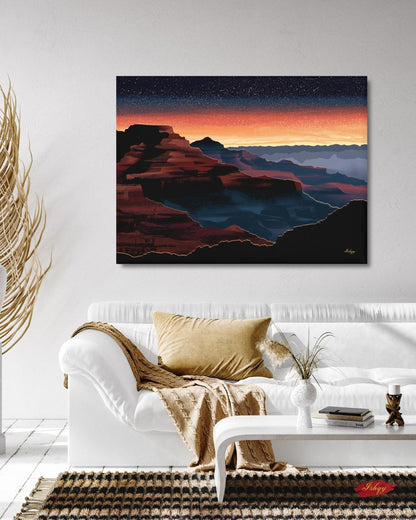 Grand Canyon Overlook Canvas Wall Art, Sunset Starry Sky Framed Canvas Print, Modern Arizona Southwest Canyon Landscape Painting, Living Room Decor