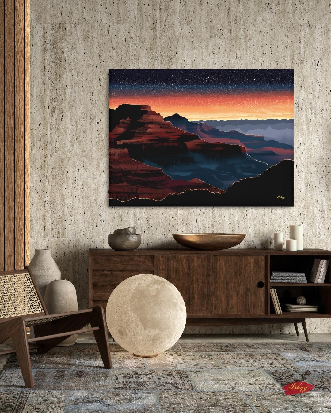 Grand Canyon Overlook Canvas Wall Art, Sunset Starry Sky Framed Canvas Print, Modern Arizona Southwest Canyon Landscape Painting, Living Room Decor