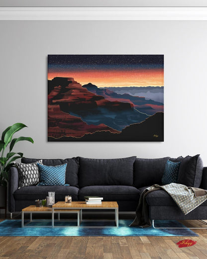 Grand Canyon Overlook Canvas Wall Art, Sunset Starry Sky Framed Canvas Print, Modern Arizona Southwest Canyon Landscape Painting, Living Room Decor