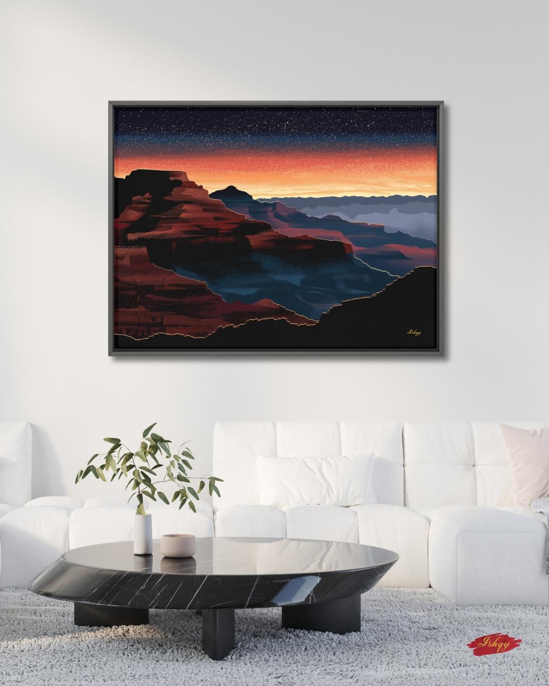 Grand Canyon Overlook Canvas Wall Art, Sunset Starry Sky Framed Canvas Print, Modern Arizona Southwest Canyon Landscape Painting, Living Room Decor