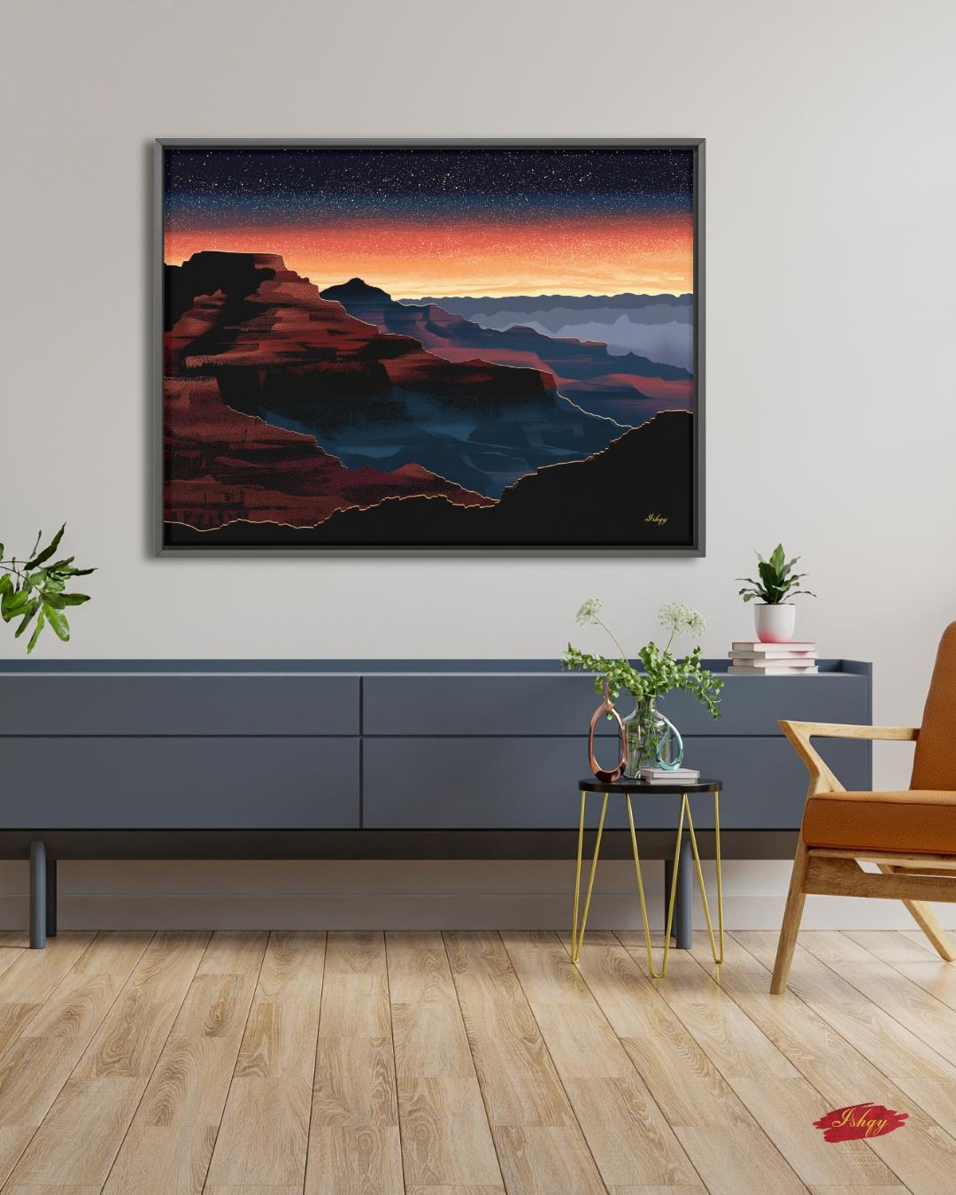 Grand Canyon Overlook Canvas Wall Art, Sunset Starry Sky Framed Canvas Print, Modern Arizona Southwest Canyon Landscape Painting, Living Room Decor