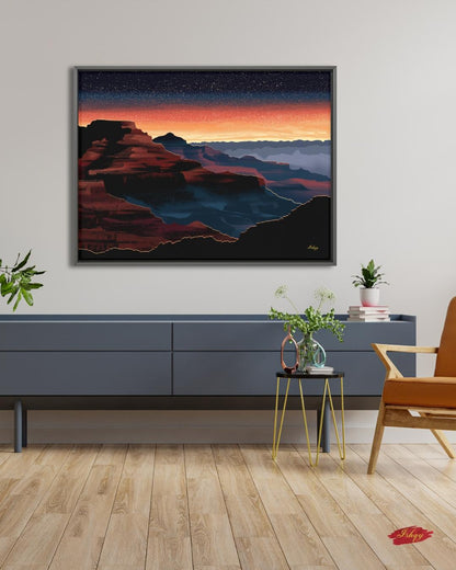 Grand Canyon Overlook Canvas Wall Art, Sunset Starry Sky Framed Canvas Print, Modern Arizona Southwest Canyon Landscape Painting, Living Room Decor