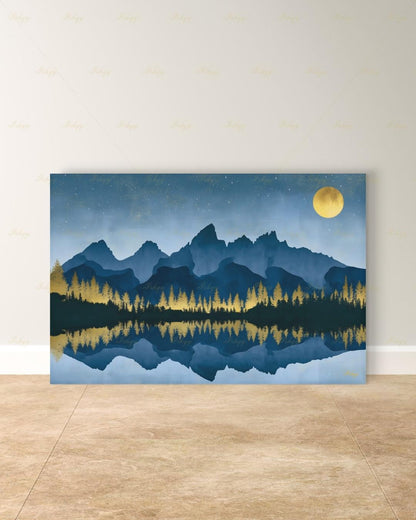 Oversized Grand Teton Canvas Wall Art, Navy Gold Mountain Framed Canvas Print, Extra Large Alpine Lake Moon Landscape, Above Bed Lodge Decor