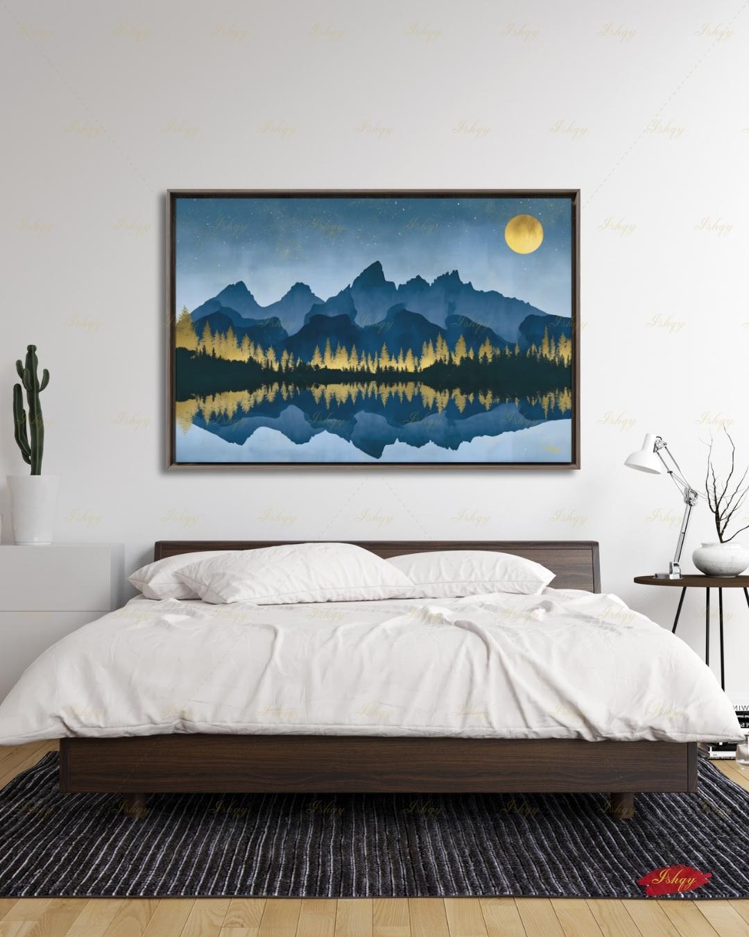 Oversized Grand Teton Canvas Wall Art, Navy Gold Mountain Framed Canvas Print, Extra Large Alpine Lake Moon Landscape, Above Bed Lodge Decor