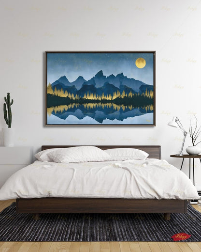 Oversized Grand Teton Canvas Wall Art, Navy Gold Mountain Framed Canvas Print, Extra Large Alpine Lake Moon Landscape, Above Bed Lodge Decor