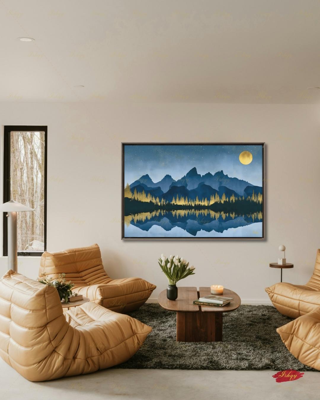 Oversized Grand Teton Canvas Wall Art, Navy Gold Mountain Framed Canvas Print, Extra Large Alpine Lake Moon Landscape, Above Bed Lodge Decor