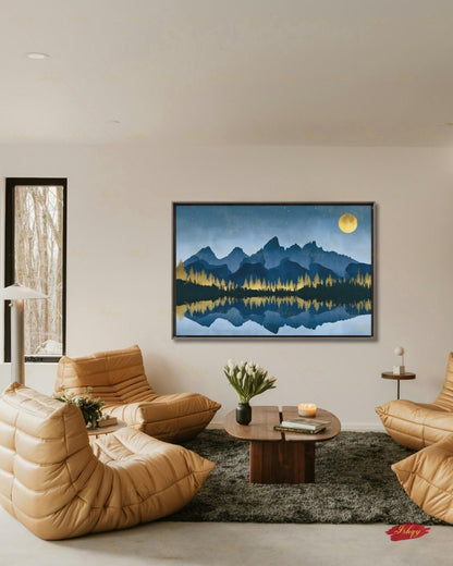 Oversized Grand Teton Canvas Wall Art, Navy Gold Mountain Framed Canvas Print, Extra Large Alpine Lake Moon Landscape, Above Bed Lodge Decor
