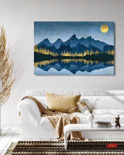 Oversized Grand Teton Canvas Wall Art, Navy Gold Mountain Framed Canvas Print, Extra Large Alpine Lake Moon Landscape, Above Bed Lodge Decor