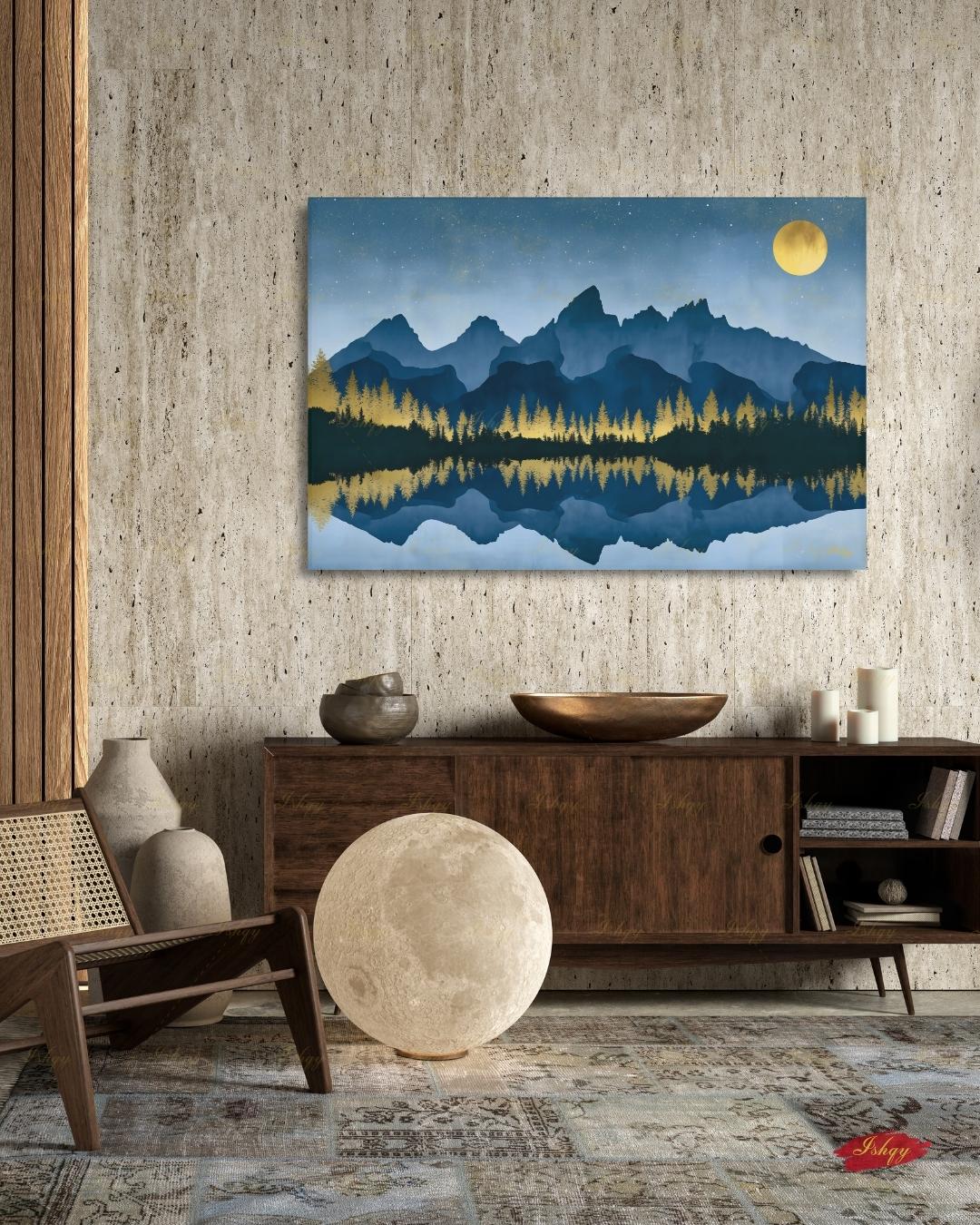 Oversized Grand Teton Canvas Wall Art, Navy Gold Mountain Framed Canvas Print, Extra Large Alpine Lake Moon Landscape, Above Bed Lodge Decor