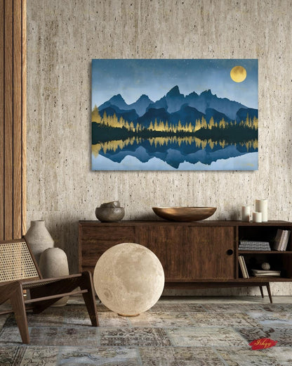 Oversized Grand Teton Canvas Wall Art, Navy Gold Mountain Framed Canvas Print, Extra Large Alpine Lake Moon Landscape, Above Bed Lodge Decor