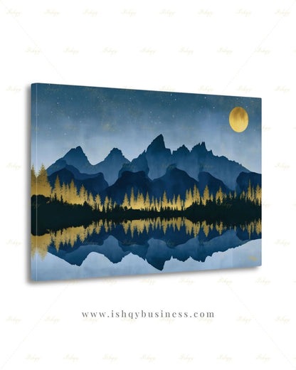 Oversized Grand Teton Canvas Wall Art, Navy Gold Mountain Framed Canvas Print, Extra Large Alpine Lake Moon Landscape, Above Bed Lodge Decor