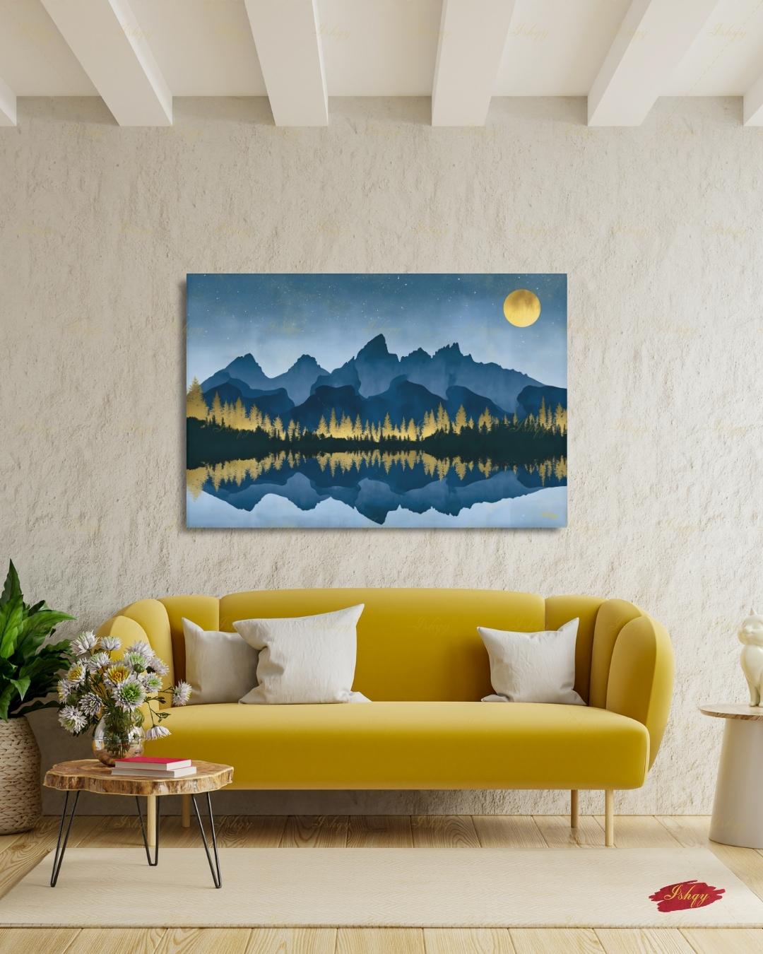 Oversized Grand Teton Canvas Wall Art, Navy Gold Mountain Framed Canvas Print, Extra Large Alpine Lake Moon Landscape, Above Bed Lodge Decor