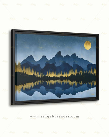 Oversized Grand Teton Canvas Wall Art, Navy Gold Mountain Framed Canvas Print, Extra Large Alpine Lake Moon Landscape, Above Bed Lodge Decor