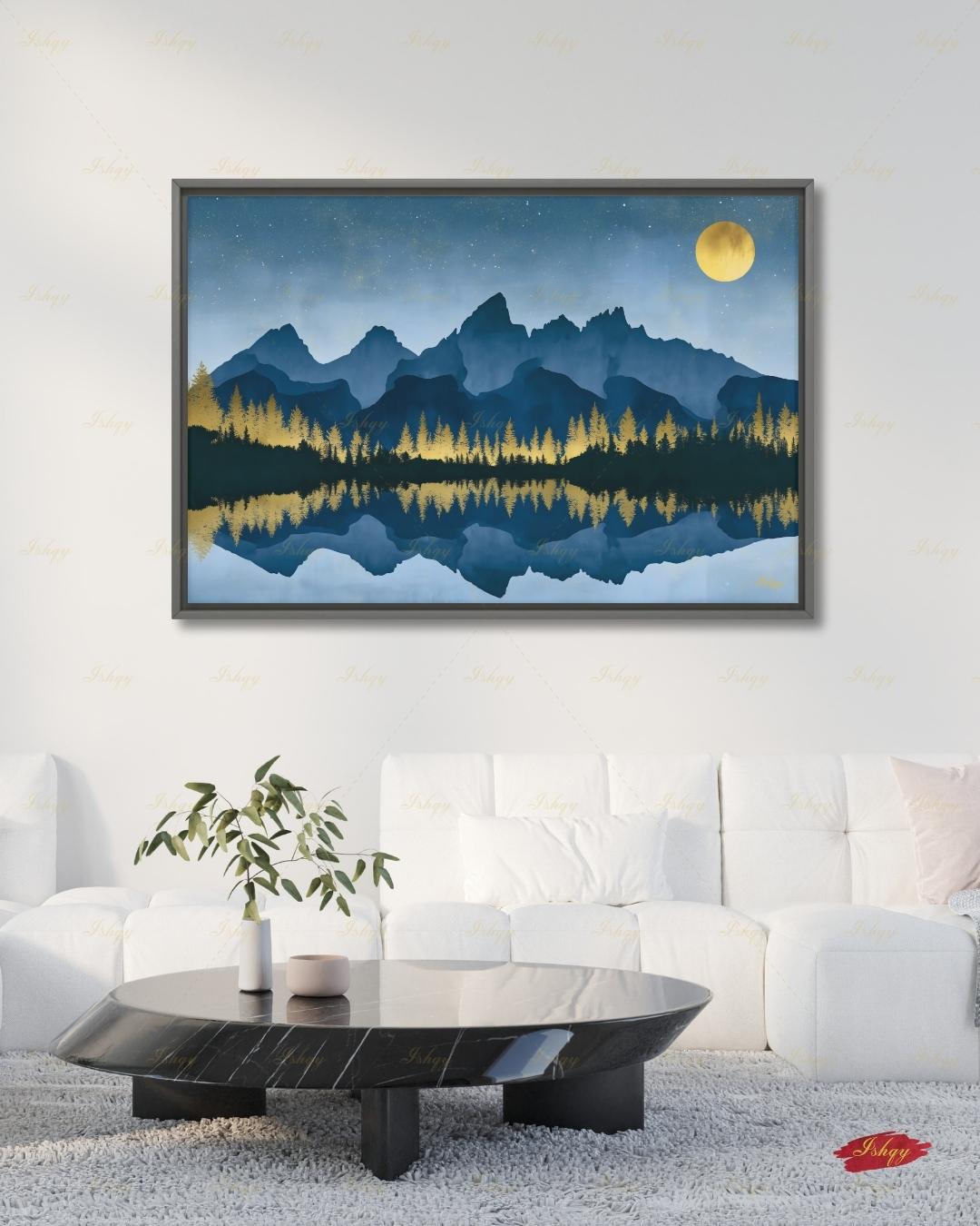 Oversized Grand Teton Canvas Wall Art, Navy Gold Mountain Framed Canvas Print, Extra Large Alpine Lake Moon Landscape, Above Bed Lodge Decor