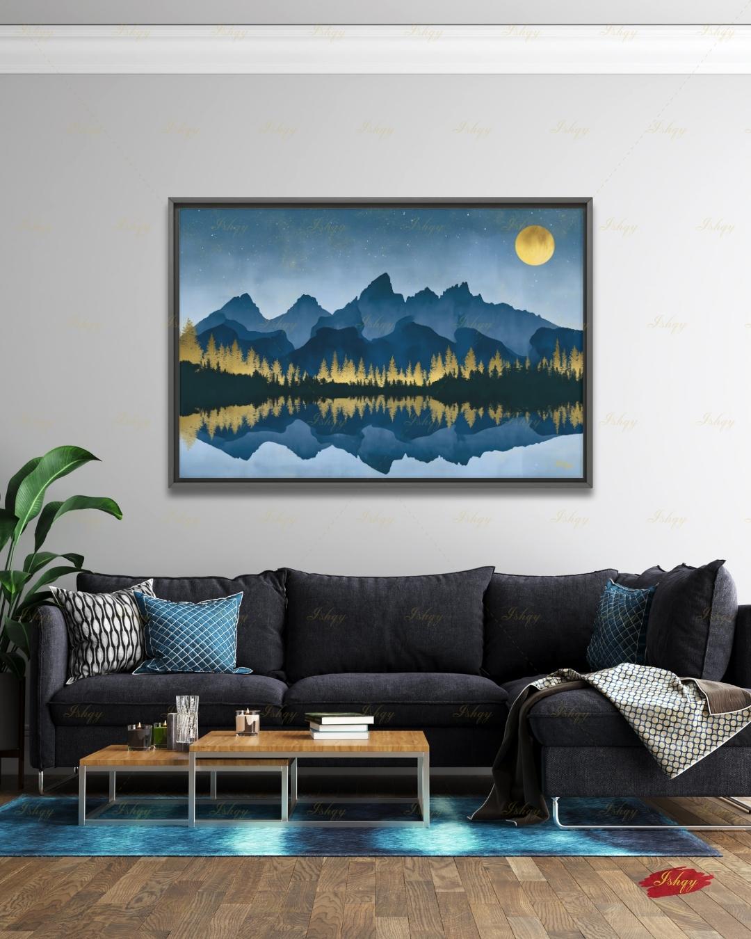 Oversized Grand Teton Canvas Wall Art, Navy Gold Mountain Framed Canvas Print, Extra Large Alpine Lake Moon Landscape, Above Bed Lodge Decor