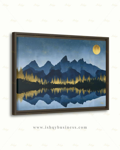 Oversized Grand Teton Canvas Wall Art, Navy Gold Mountain Framed Canvas Print, Extra Large Alpine Lake Moon Landscape, Above Bed Lodge Decor
