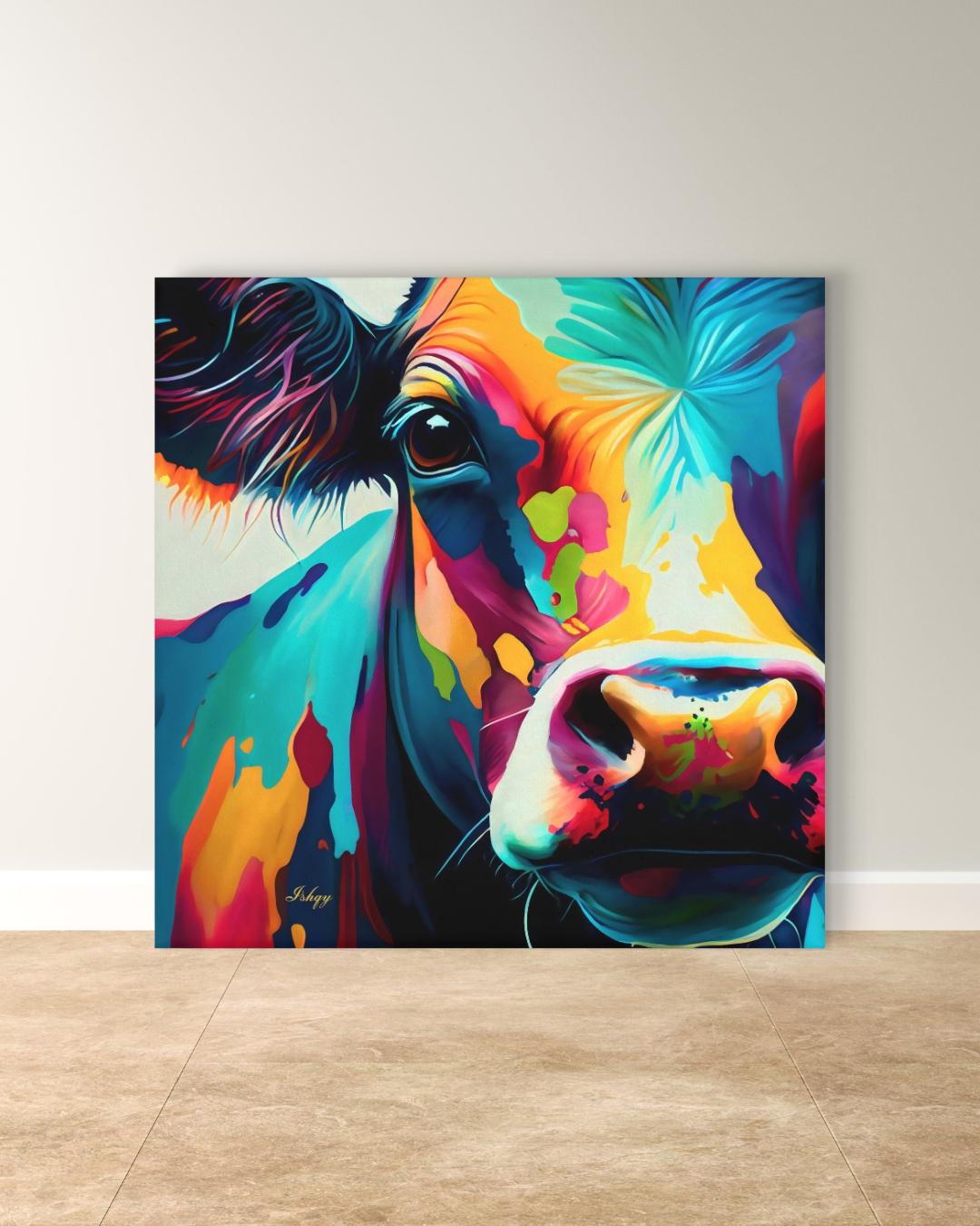 Colorful Cow Wall Art, Vibrant Farmhouse Animal Painting, Modern Cow Canvas Print, Bold Rustic Home Decor, Bright Farm Art for Kitchen