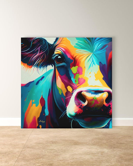 Colorful Cow Wall Art, Vibrant Farmhouse Animal Painting, Modern Cow Canvas Print, Bold Rustic Home Decor, Bright Farm Art for Kitchen