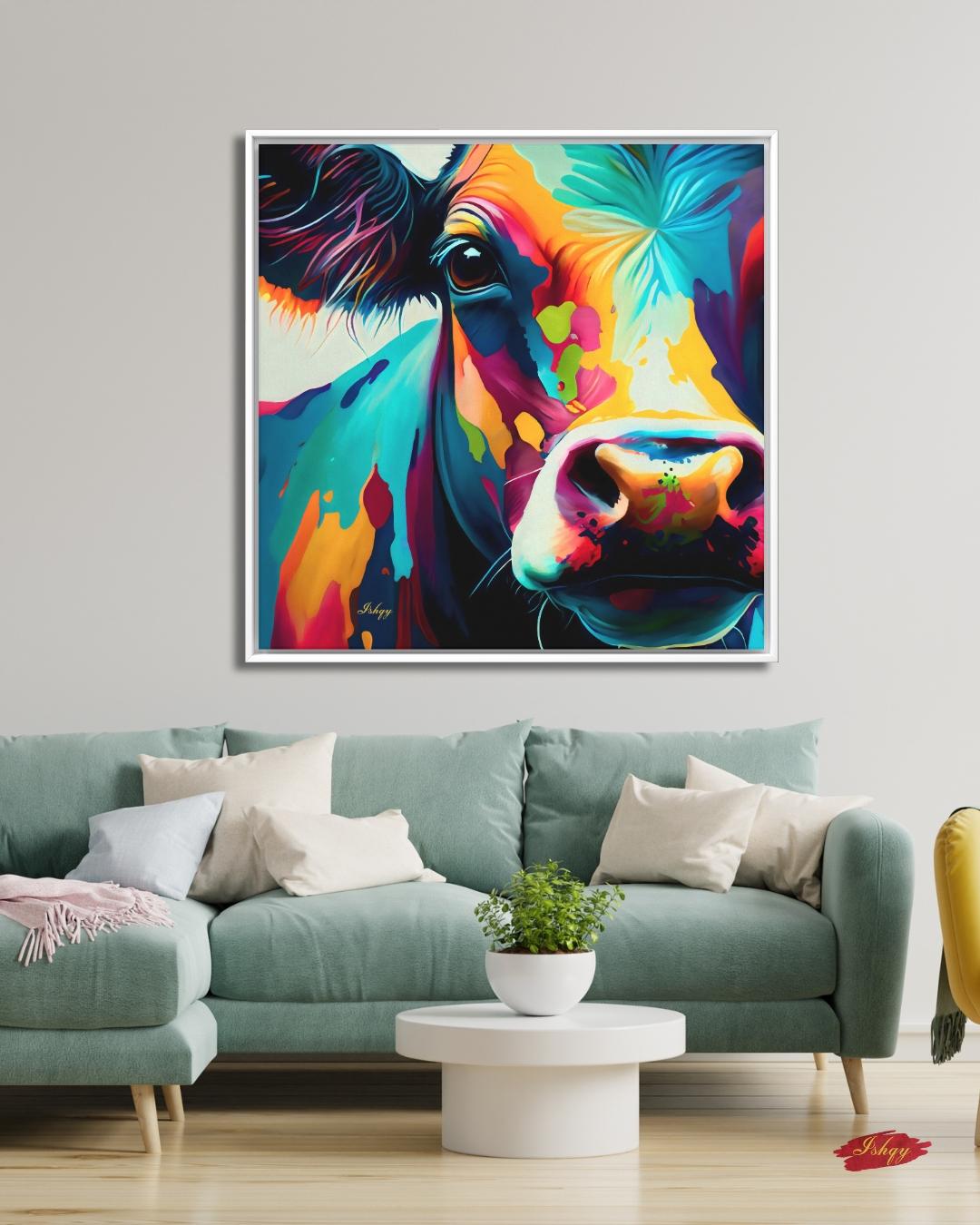 Colorful Cow Wall Art, Vibrant Farmhouse Animal Painting, Modern Cow Canvas Print, Bold Rustic Home Decor, Bright Farm Art for Kitchen