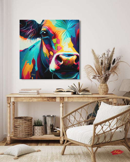 Colorful Cow Wall Art, Vibrant Farmhouse Animal Painting, Modern Cow Canvas Print, Bold Rustic Home Decor, Bright Farm Art for Kitchen