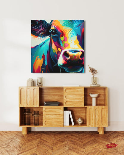 Colorful Cow Wall Art, Vibrant Farmhouse Animal Painting, Modern Cow Canvas Print, Bold Rustic Home Decor, Bright Farm Art for Kitchen