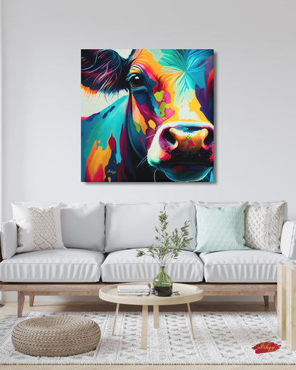 Colorful Cow Wall Art, Vibrant Farmhouse Animal Painting, Modern Cow Canvas Print, Bold Rustic Home Decor, Bright Farm Art for Kitchen