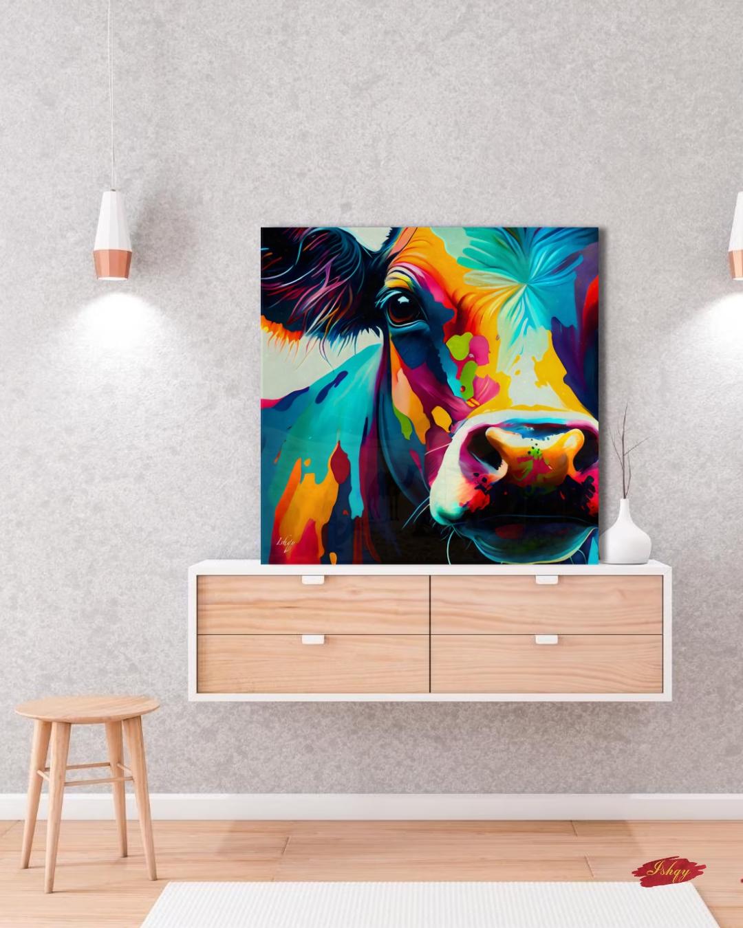 Colorful Cow Wall Art, Vibrant Farmhouse Animal Painting, Modern Cow Canvas Print, Bold Rustic Home Decor, Bright Farm Art for Kitchen