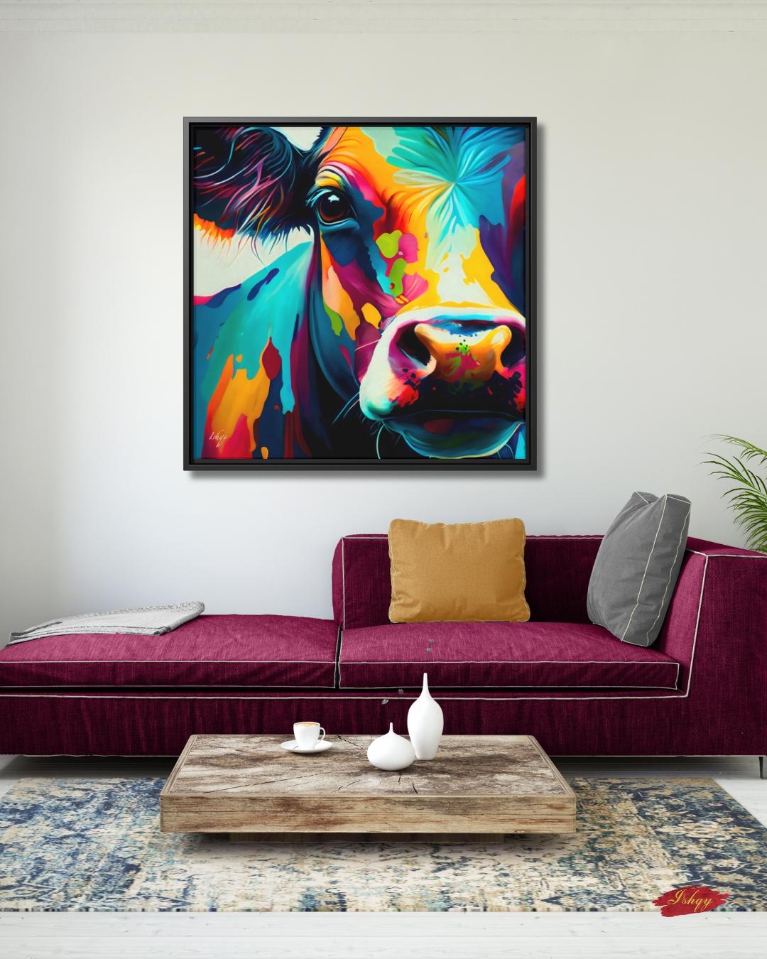 Colorful Cow Wall Art, Vibrant Farmhouse Animal Painting, Modern Cow Canvas Print, Bold Rustic Home Decor, Bright Farm Art for Kitchen