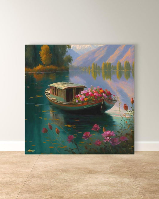 Kashmir Dal Lake Art Print, Shikara Boat Painting, India Landscape Canvas, Floral Lake Wall Decor, Scenic Travel Artwork for Home & Living