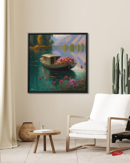 Kashmir Dal Lake Art Print, Shikara Boat Painting, India Landscape Canvas, Floral Lake Wall Decor, Scenic Travel Artwork for Home & Living