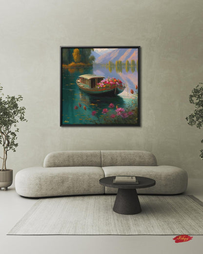 Kashmir Dal Lake Art Print, Shikara Boat Painting, India Landscape Canvas, Floral Lake Wall Decor, Scenic Travel Artwork for Home & Living