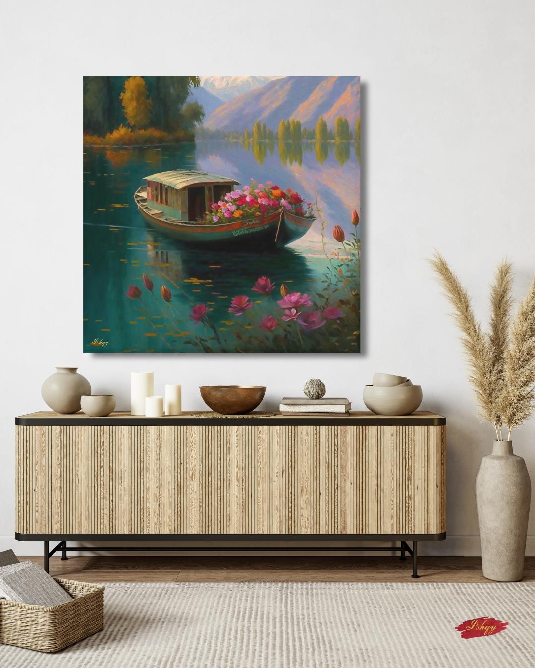 Kashmir Dal Lake Art Print, Shikara Boat Painting, India Landscape Canvas, Floral Lake Wall Decor, Scenic Travel Artwork for Home & Living