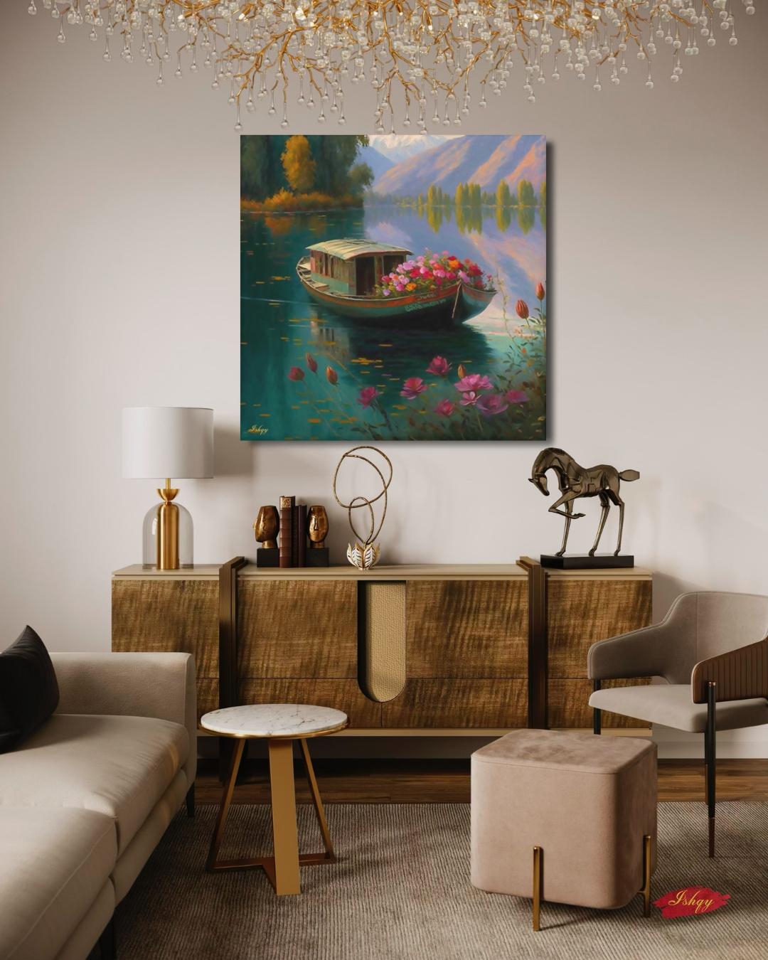 Kashmir Dal Lake Art Print, Shikara Boat Painting, India Landscape Canvas, Floral Lake Wall Decor, Scenic Travel Artwork for Home & Living