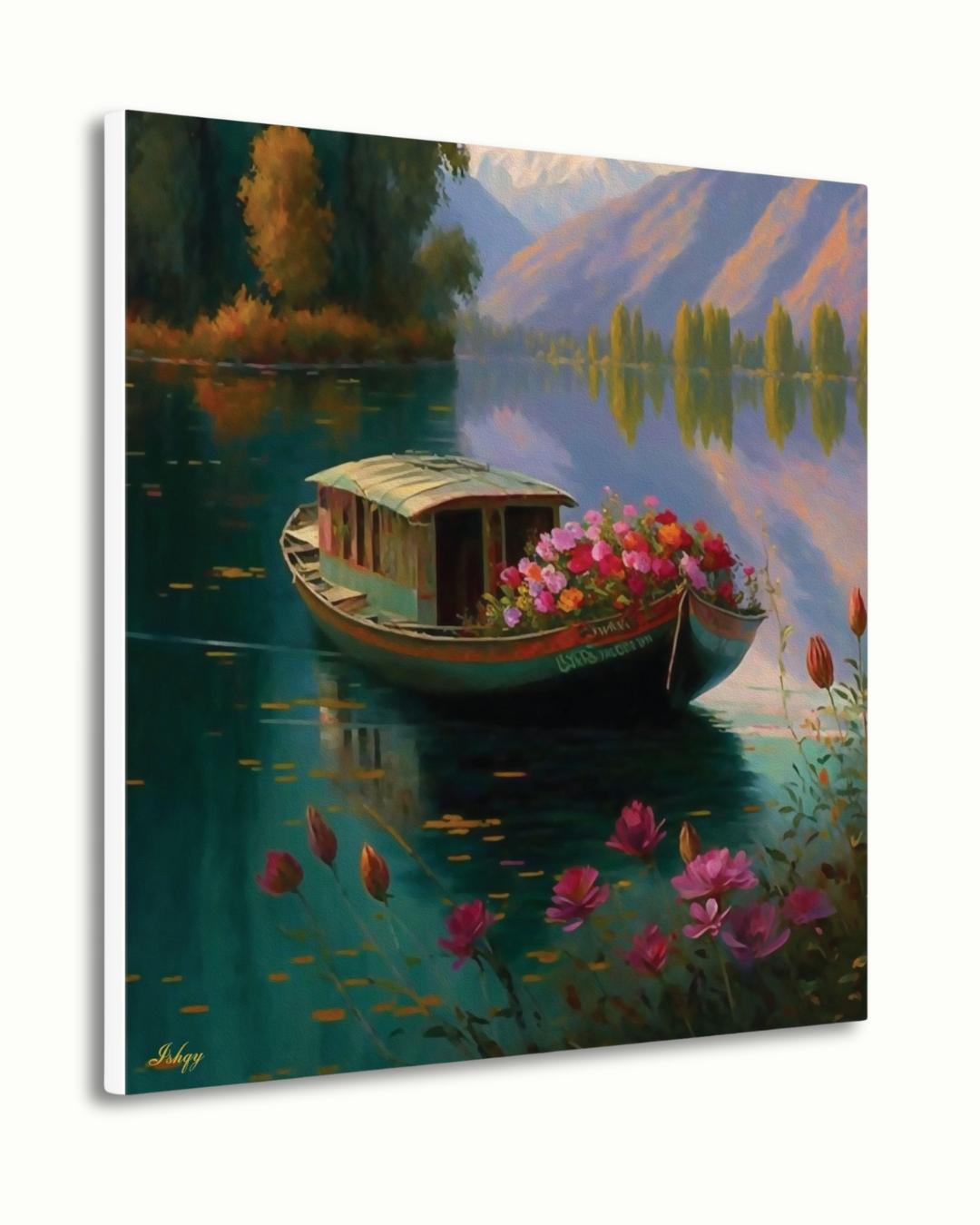 Kashmir Dal Lake Art Print, Shikara Boat Painting, India Landscape Canvas, Floral Lake Wall Decor, Scenic Travel Artwork for Home & Living