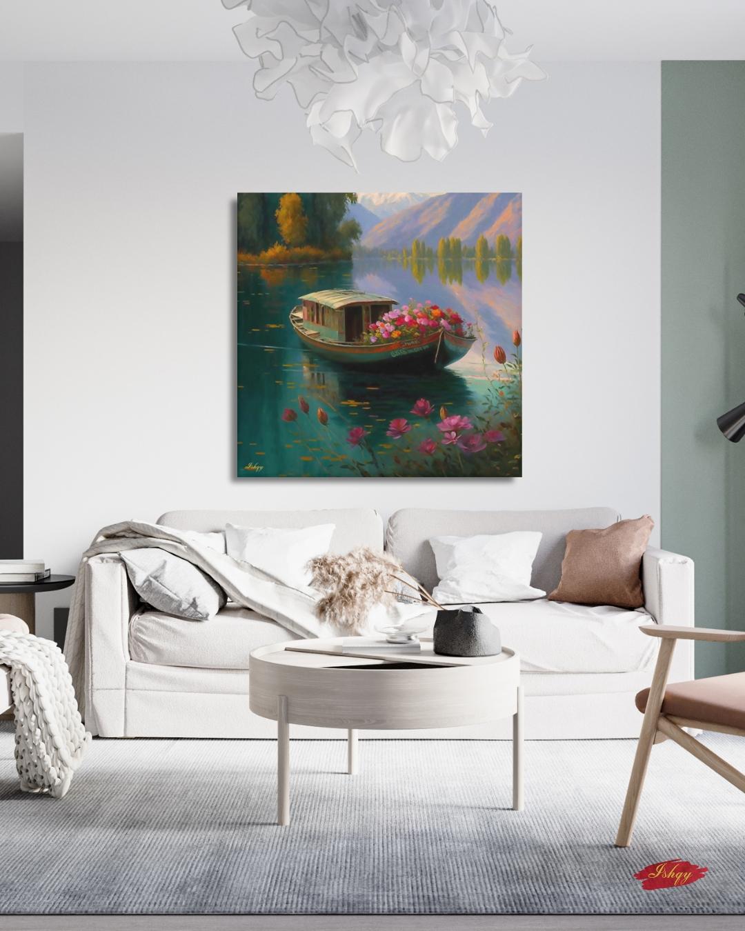 Kashmir Dal Lake Art Print, Shikara Boat Painting, India Landscape Canvas, Floral Lake Wall Decor, Scenic Travel Artwork for Home & Living