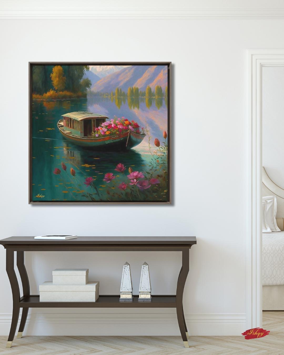 Kashmir Dal Lake Art Print, Shikara Boat Painting, India Landscape Canvas, Floral Lake Wall Decor, Scenic Travel Artwork for Home & Living
