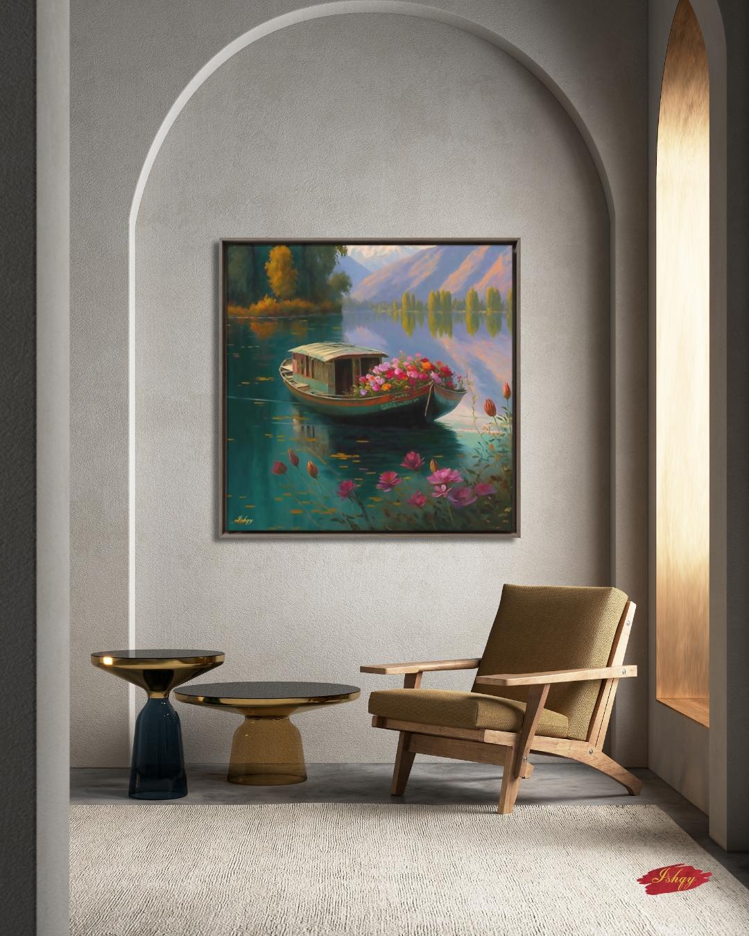 Kashmir Dal Lake Art Print, Shikara Boat Painting, India Landscape Canvas, Floral Lake Wall Decor, Scenic Travel Artwork for Home & Living