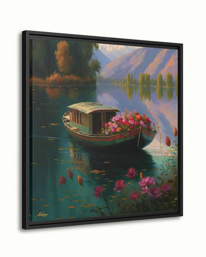 Kashmir Dal Lake Art Print, Shikara Boat Painting, India Landscape Canvas, Floral Lake Wall Decor, Scenic Travel Artwork for Home & Living