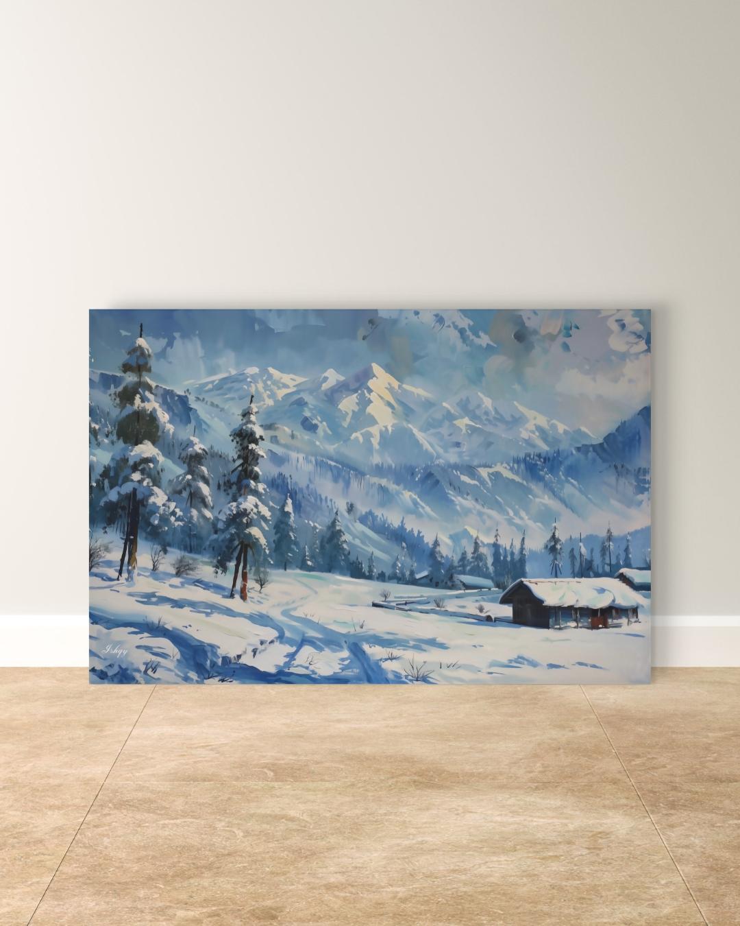 Gulmarg Kashmir Winter Landscape Canvas, Snowy Mountain Painting, Alpine Wall Art, Himalayan Decor, Nature Home Art