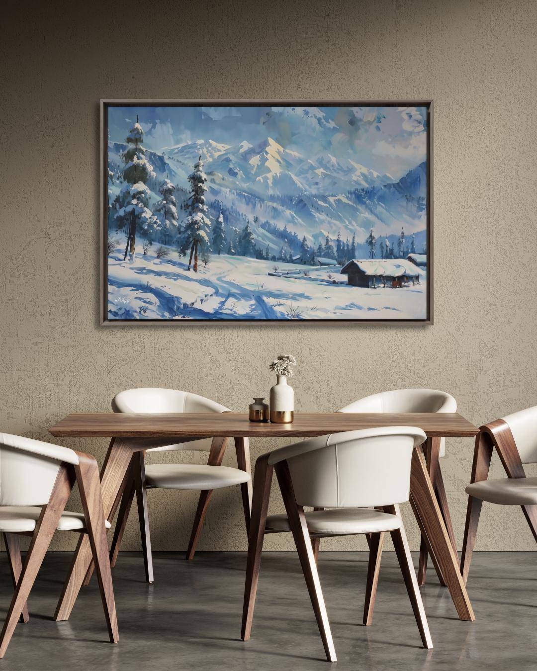 Gulmarg Kashmir Winter Landscape Canvas, Snowy Mountain Painting, Alpine Wall Art, Himalayan Decor, Nature Home Art
